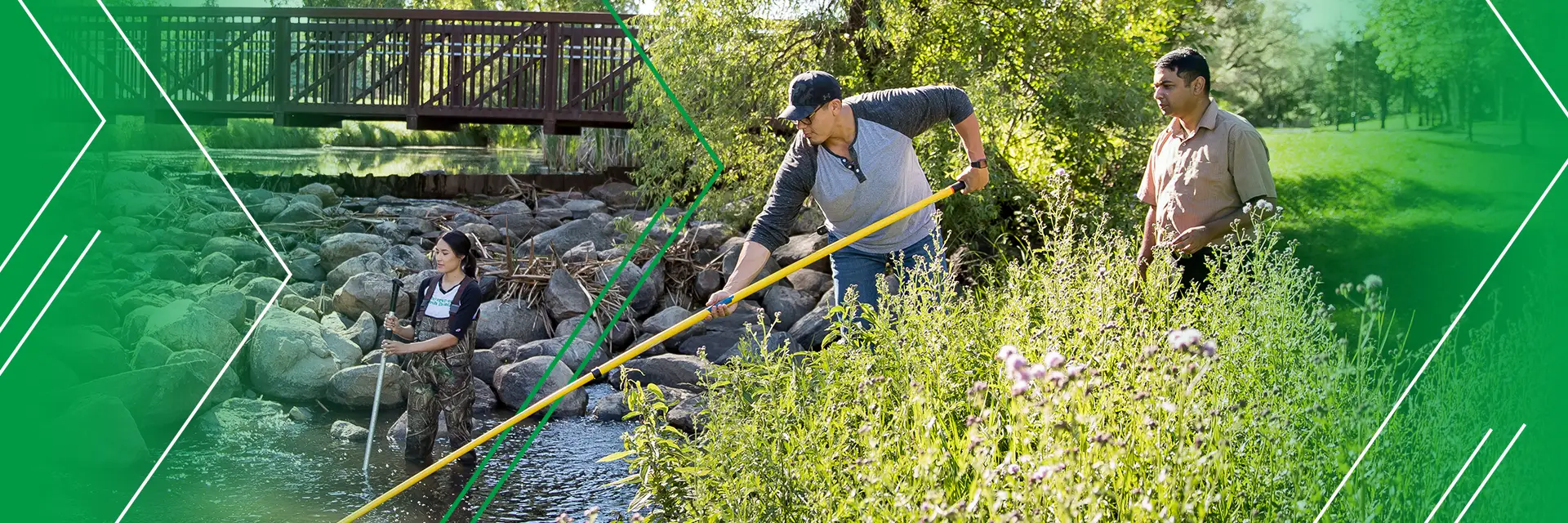 a man and a woman use extended poles to harvest samples from a moving body of water