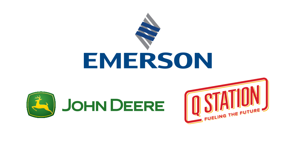 logos of Emerson, John Deere and Q Station