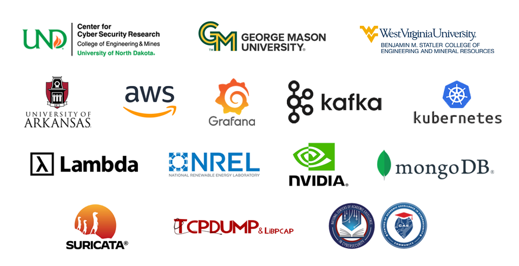 sponsor logos include cars gmu wvu uark aws grafana kafka kubernetes lambda nrel nvidia mongodb suricata tcpdump